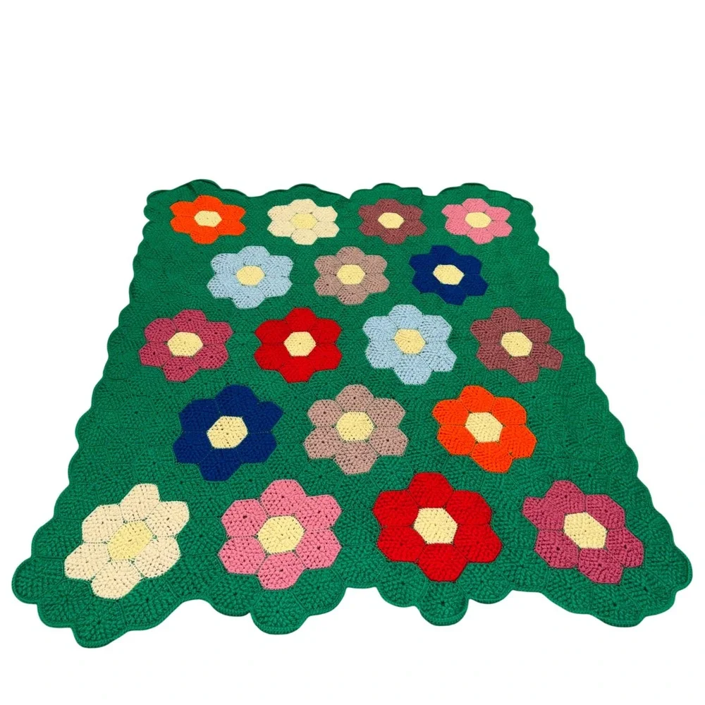Vintage Handmade Crochet Flower Power Afghan Blanket 60x70 Green Floral Retro 70